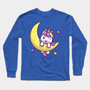 Cute Unicorn On Moon Cartoon Long Sleeve T-Shirt